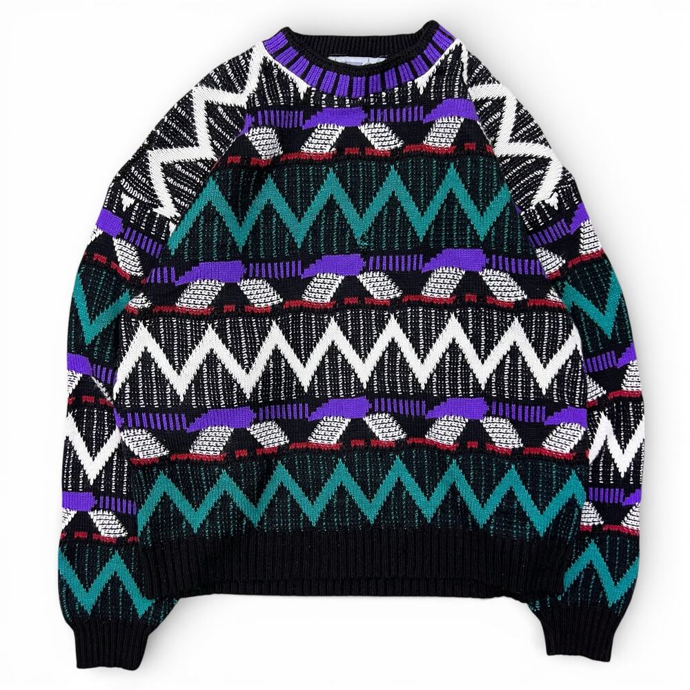 Vintage 80s Abstract Geometric Chevron ZigZag Pattern Sweater Blue Zone M Black